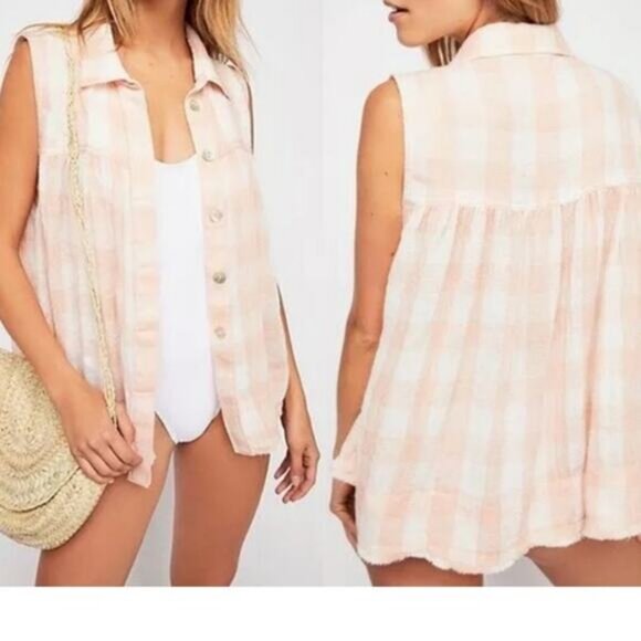 Free People Women's Hey There Button-Down Sunrise Blouse Plaid Pink Small - Picture 8 of 9